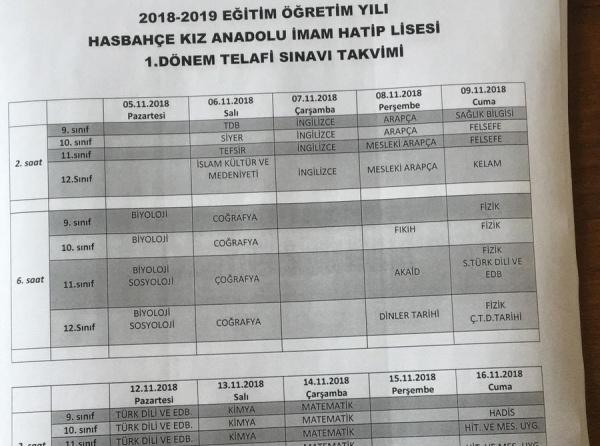 2018 - 2019 Eğitim Öğretim Yılı Hasbahçe Kız Anadolu İmam Hatip Lisesi 1. Dönem Telafi Sınavı Takvimi
